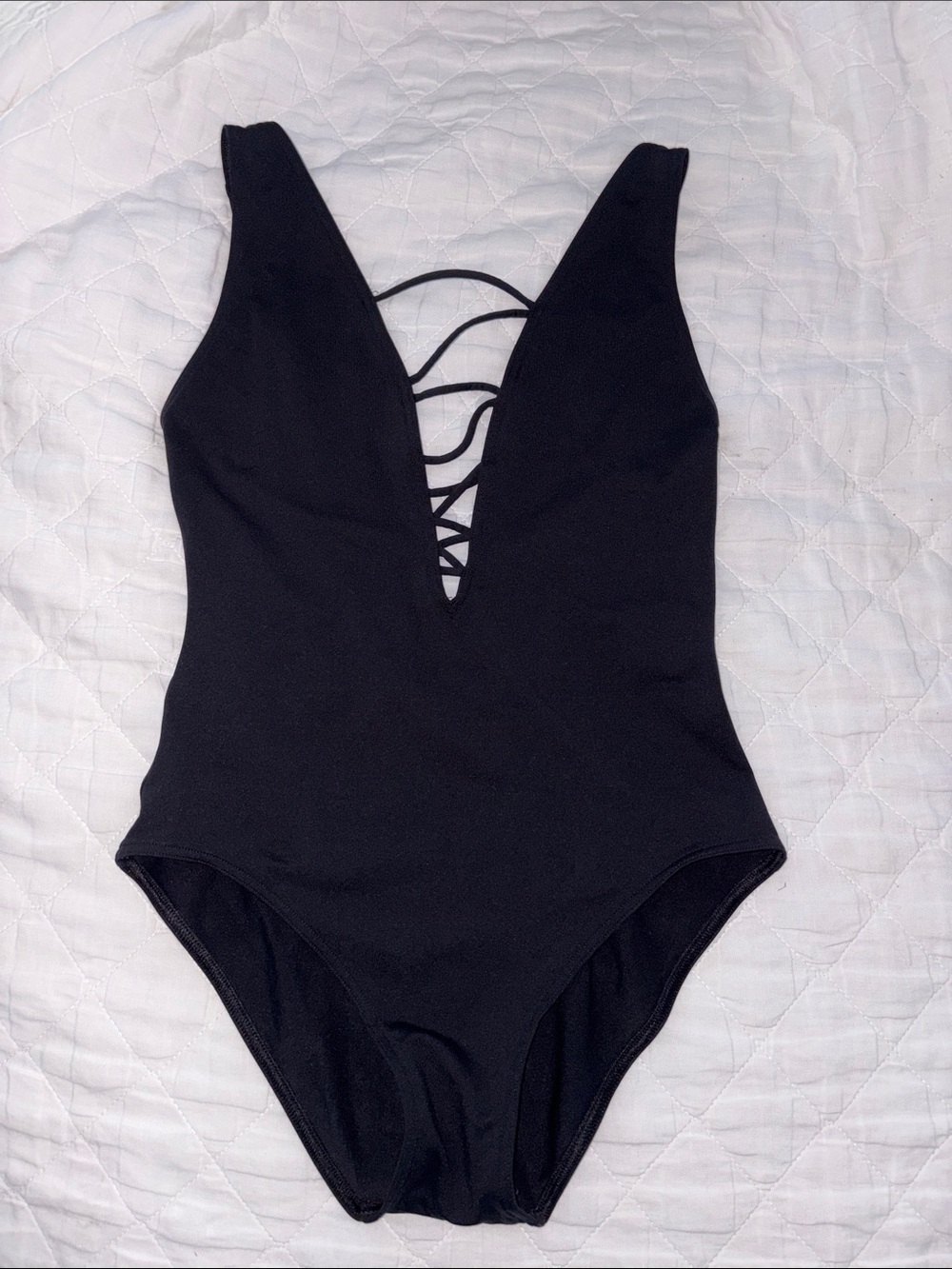 Deep V Lace-Up Black One-Piece Swimsuit